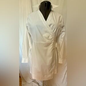 NWT SPANX Poplin Wrap Tie Dress L White Classic Collared Shirt Dress